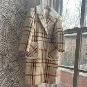Petite Studio NYC Sienna Wool Cream Plaid Teddy Coat Single-Breasted Alpaca